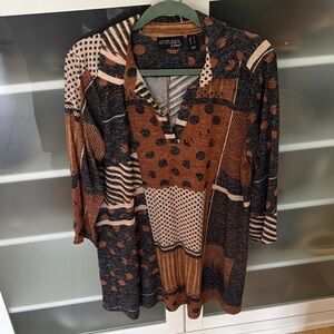 Attitudes by Renee Patchwork Tunic Top - Black, Brown, and Cream